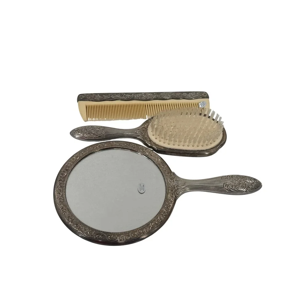 Vintage Vanity Set Women Silver Plated Floral Repousse Mirror Brush Comb 3pc